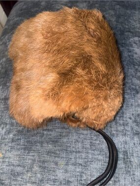 Antique 1900s Edwardian Brown Fur Hand Muff Satin Lined Wrist Strap